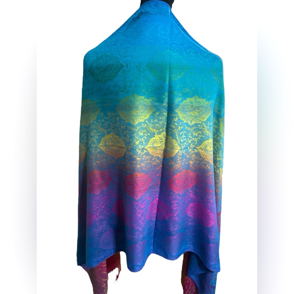 💜 PASHPASHMINA 100% Cashmere Scarf – 68” x 27” – Multicolor Paisley - Picture 3 of 8
